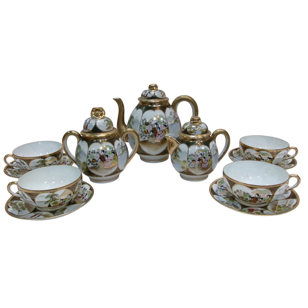 Vintage Japanese Satsuma Kutani Style Moriage Tea Set Geisha Hand Painted Gilt